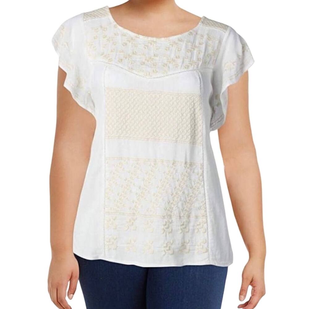 Jessica Simpson Boho Embroidered Flutter Sleeve Top Cream M